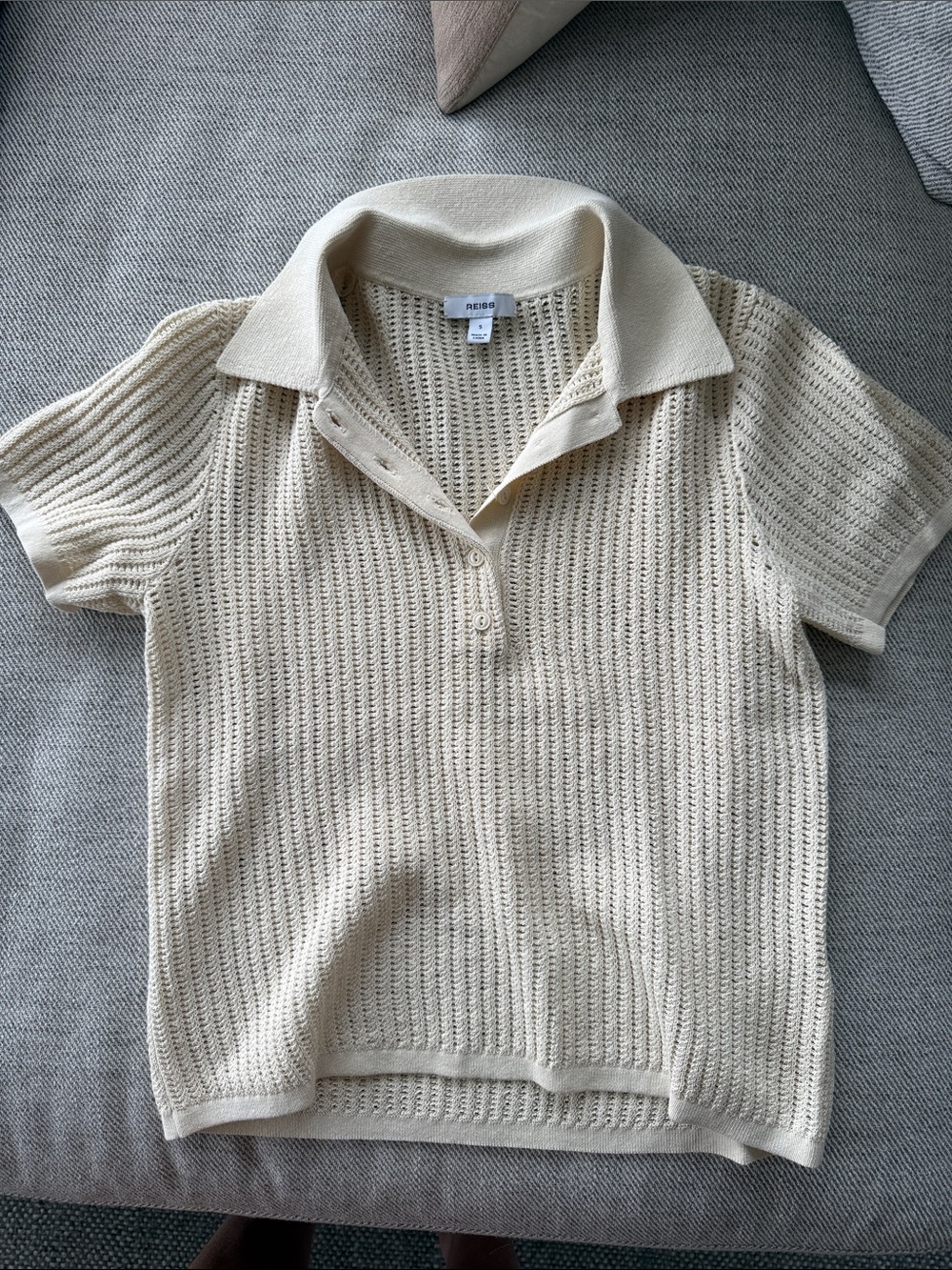 Reiss ivory Open-Knit Polo Shirt